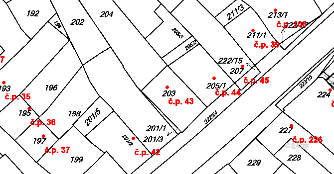 Zarazice 43, Veselí nad Moravou na parcele st. 203 v KÚ Zarazice, Katastrální mapa