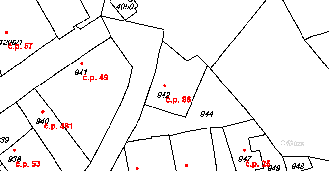 Úvaly 86 na parcele st. 942 v KÚ Úvaly u Prahy, Katastrální mapa