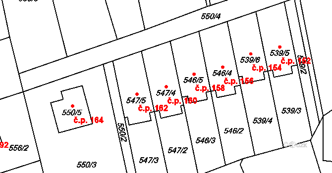 Staříč 160 na parcele st. 547/4 v KÚ Staříč, Katastrální mapa