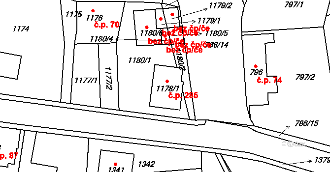 Komárov 285 na parcele st. 1178/1 v KÚ Komárov u Hořovic, Katastrální mapa