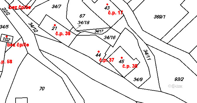 Hřídelec 37, Lázně Bělohrad na parcele st. 44 v KÚ Hřídelec, Katastrální mapa