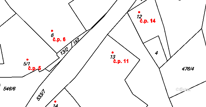 Kratušín 11 na parcele st. 13 v KÚ Kratušín, Katastrální mapa