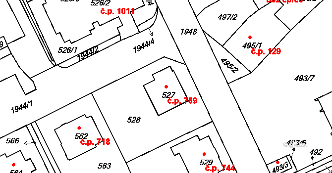 Klíše 759, Ústí nad Labem na parcele st. 527 v KÚ Klíše, Katastrální mapa