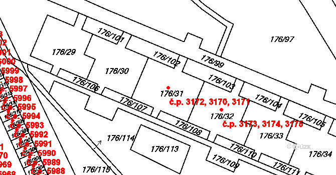Severní Terasa 3170,3171,3172, Ústí nad Labem na parcele st. 176/31 v KÚ Dobětice, Katastrální mapa