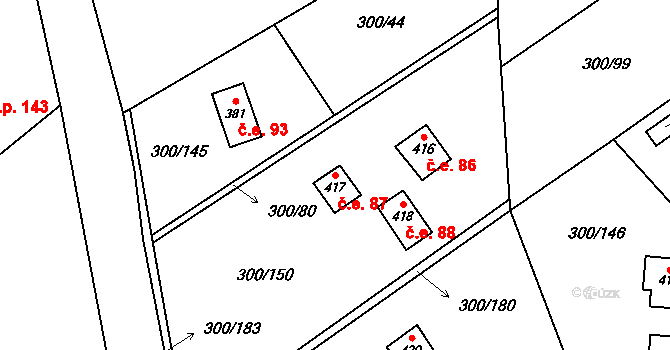 Jevany 87 na parcele st. 417 v KÚ Jevany, Katastrální mapa