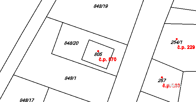 Veltrusy 570 na parcele st. 805 v KÚ Veltrusy, Katastrální mapa