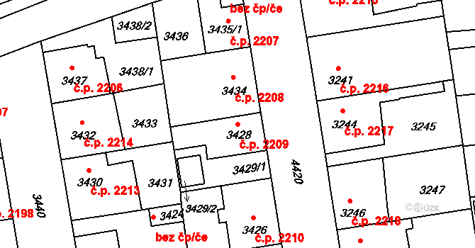 Žižkov 2209, Praha na parcele st. 3428 v KÚ Žižkov, Katastrální mapa