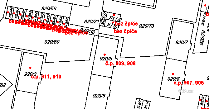 Košíře 908,909, Praha na parcele st. 920/5 v KÚ Košíře, Katastrální mapa