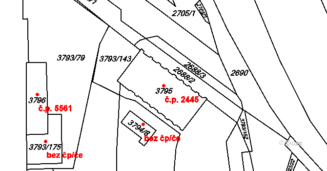 Chomutov 2445 na parcele st. 3795 v KÚ Chomutov I, Katastrální mapa