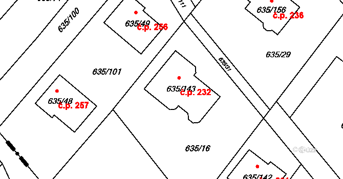 Rozdrojovice 232 na parcele st. 635/143 v KÚ Rozdrojovice, Katastrální mapa