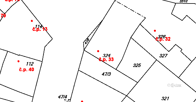 Velké Chvalovice 33, Pečky na parcele st. 324 v KÚ Velké Chvalovice, Katastrální mapa