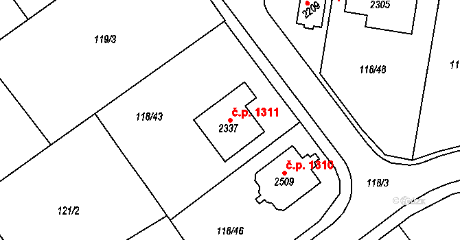 Uničov 1311 na parcele st. 2337 v KÚ Uničov, Katastrální mapa