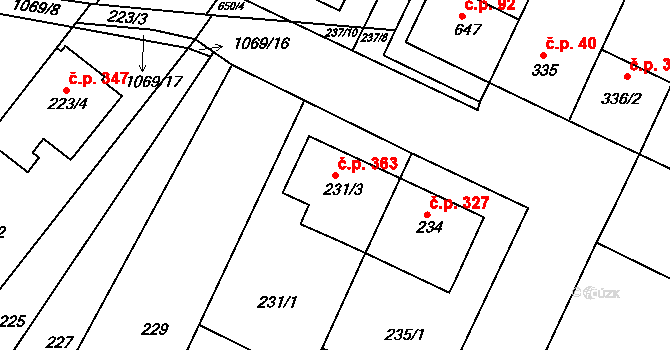Moutnice 363 na parcele st. 231/3 v KÚ Moutnice, Katastrální mapa