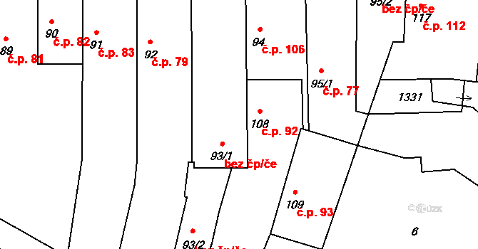 Krpy 92, Kropáčova Vrutice na parcele st. 108 v KÚ Krpy, Katastrální mapa
