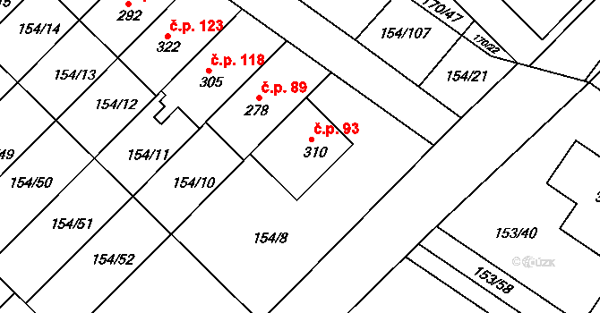 Pakoměřice 93, Bořanovice na parcele st. 310 v KÚ Bořanovice, Katastrální mapa