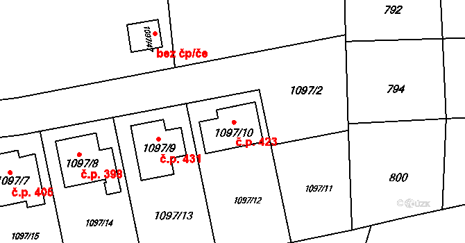 Grygov 423 na parcele st. 1097/10 v KÚ Grygov, Katastrální mapa