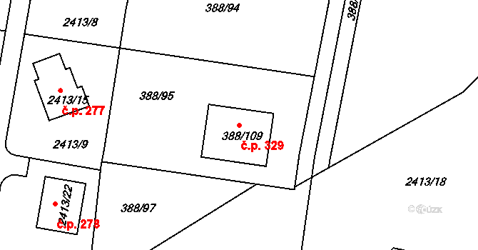 Hlásná Třebaň 329 na parcele st. 388/109 v KÚ Hlásná Třebaň, Katastrální mapa