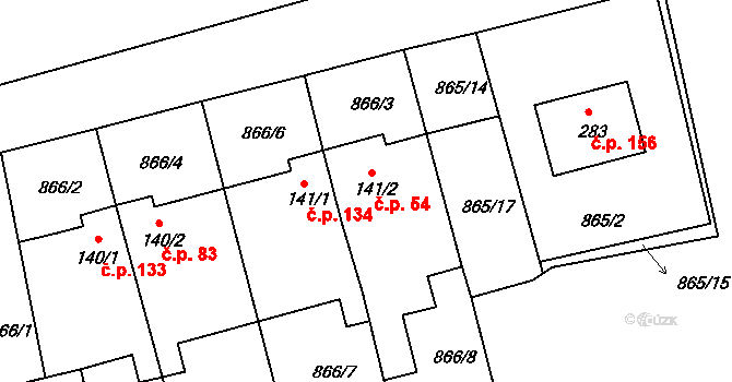 Dobronín 54 na parcele st. 141/2 v KÚ Dobronín, Katastrální mapa
