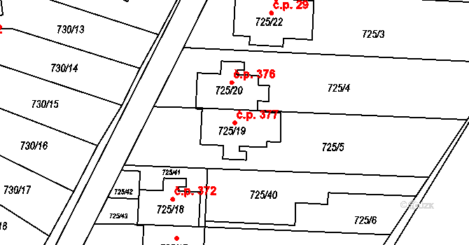 Výškovice 377, Ostrava na parcele st. 725/19 v KÚ Výškovice u Ostravy, Katastrální mapa