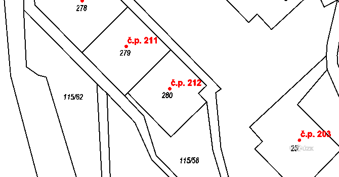 Obrnice 212 na parcele st. 280 v KÚ Obrnice, Katastrální mapa