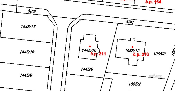 Chvalovice 211 na parcele st. 1445/10 v KÚ Chvalovice, Katastrální mapa