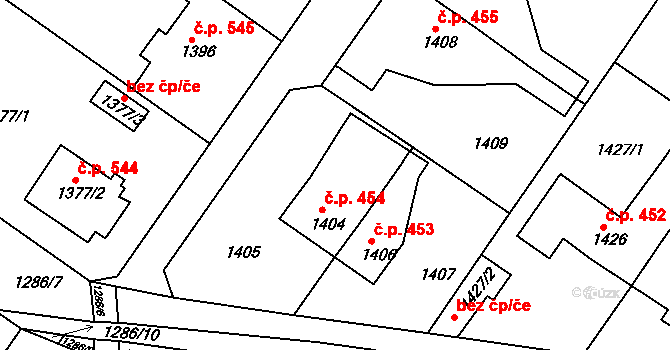 Chrást 454 na parcele st. 1404 v KÚ Chrást u Plzně, Katastrální mapa