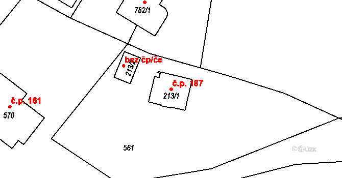 Pikovice 187, Hradištko na parcele st. 213/1 v KÚ Hradištko pod Medníkem, Katastrální mapa