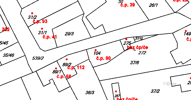 Tachlovice 90 na parcele st. 104 v KÚ Tachlovice, Katastrální mapa