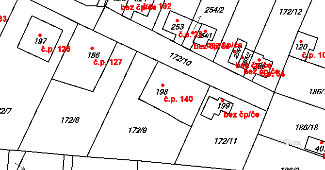 Černá za Bory 140, Pardubice na parcele st. 198 v KÚ Černá za Bory, Katastrální mapa