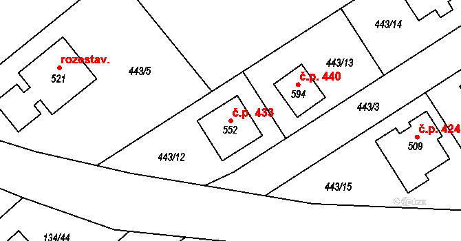 Mratín 433 na parcele st. 552 v KÚ Mratín, Katastrální mapa