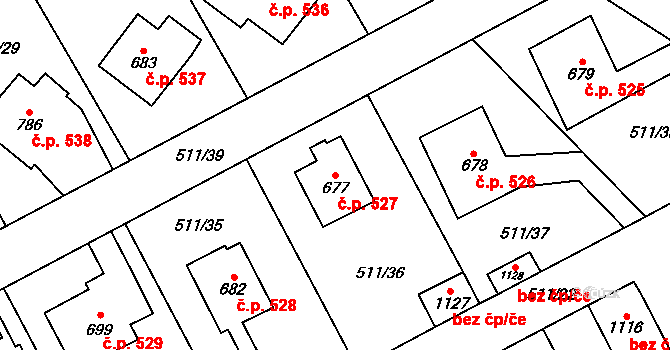 Kryry 527 na parcele st. 677 v KÚ Kryry, Katastrální mapa