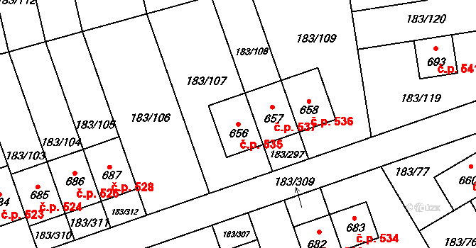 Postřižín 535 na parcele st. 656 v KÚ Postřižín, Katastrální mapa