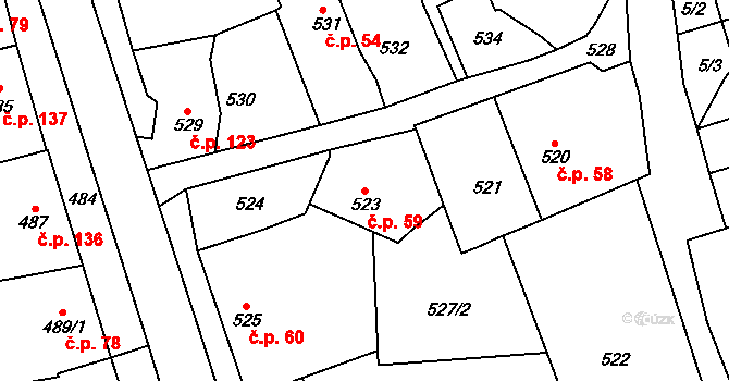 Velké Hostěrádky 59 na parcele st. 523 v KÚ Velké Hostěrádky, Katastrální mapa