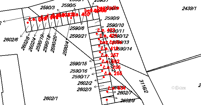 Hustopeče 420 na parcele st. 2590/14 v KÚ Hustopeče u Brna, Katastrální mapa