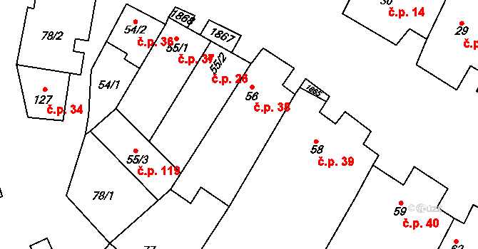 Bohutice 38 na parcele st. 56 v KÚ Bohutice, Katastrální mapa