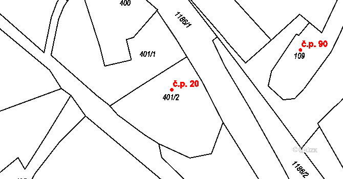 Domanín 20, Bystřice nad Pernštejnem na parcele st. 401/2 v KÚ Domanín u Bystřice nad Pernštejnem, Katastrální mapa