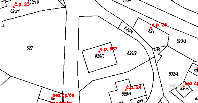 Podlesí 637, Valašské Meziříčí na parcele st. 829/3 v KÚ Křivé, Katastrální mapa