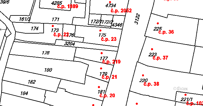 Čelákovice 219 na parcele st. 177 v KÚ Čelákovice, Katastrální mapa