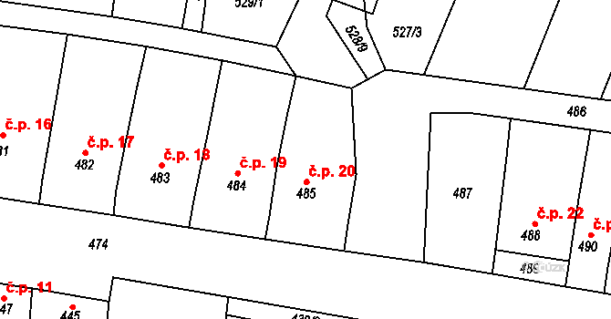 Pařezovice 20, Vyškov na parcele st. 485 v KÚ Lhota, Katastrální mapa