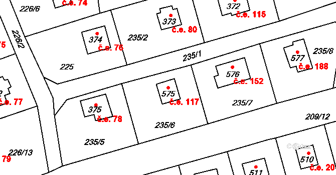 Javorník 117, Čtyřkoly na parcele st. 575 v KÚ Čtyřkoly, Katastrální mapa