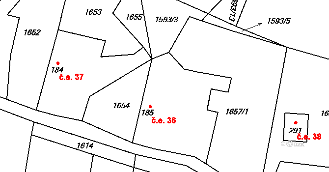 Vrchy 36, Neustupov na parcele st. 185 v KÚ Neustupov, Katastrální mapa