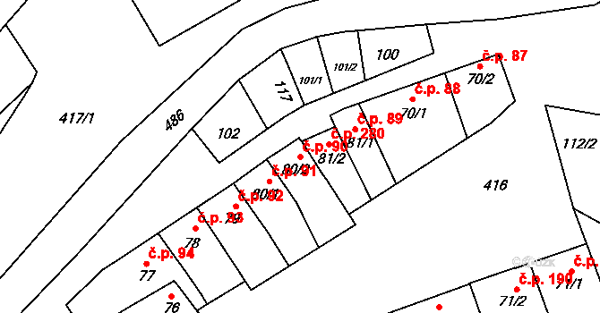 Třebčín 90, Lutín na parcele st. 80/2 v KÚ Třebčín, Katastrální mapa