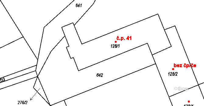 Hvozdec 41 na parcele st. 128/1 v KÚ Hvozdec, Katastrální mapa