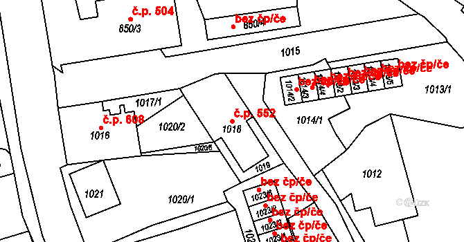 Jilemnice 552 na parcele st. 1018 v KÚ Jilemnice, Katastrální mapa