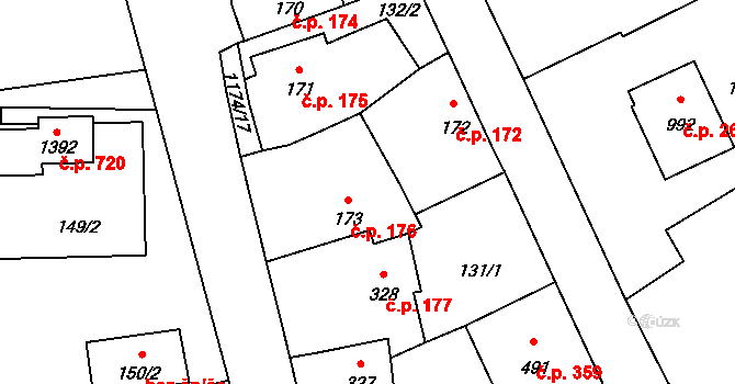 Mladá Vožice 176 na parcele st. 173 v KÚ Mladá Vožice, Katastrální mapa