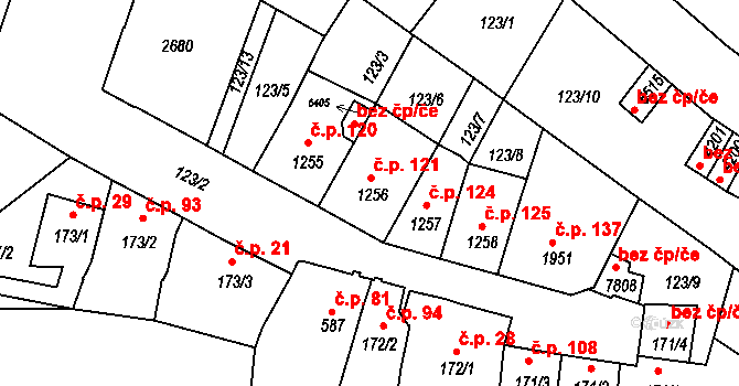 Jejkov 121, Třebíč na parcele st. 1256 v KÚ Třebíč, Katastrální mapa