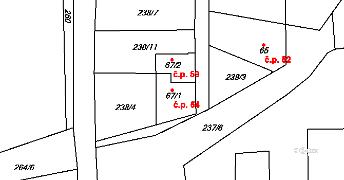 Osiky 54 na parcele st. 67/1 v KÚ Osiky, Katastrální mapa