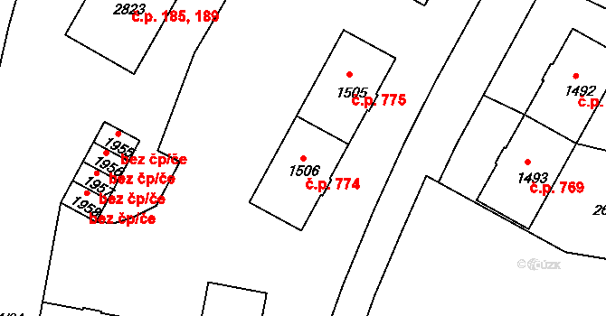 Nové Město 774, Rokycany na parcele st. 1506 v KÚ Rokycany, Katastrální mapa