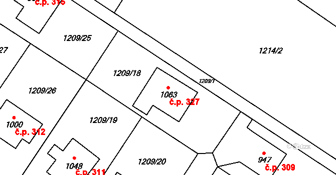 Stříbrná Skalice 327 na parcele st. 1063 v KÚ Stříbrná Skalice, Katastrální mapa