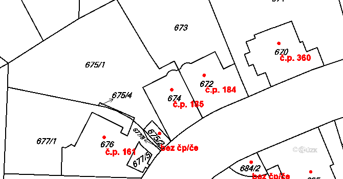 Podolí 185, Praha na parcele st. 674 v KÚ Podolí, Katastrální mapa